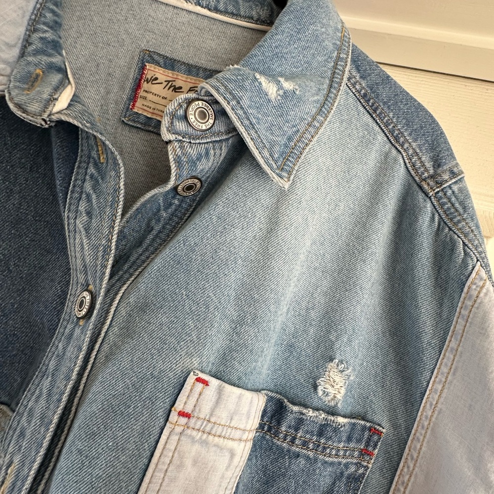 Free People Patchwork Light Blue Denim Jacket - Picture 5 of 9